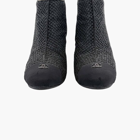 Chanel CC Cap Toe Ankle Booties Size 38.5 US 7.5-8 Black Beaded High Heel Boot - Picture 6 of 16